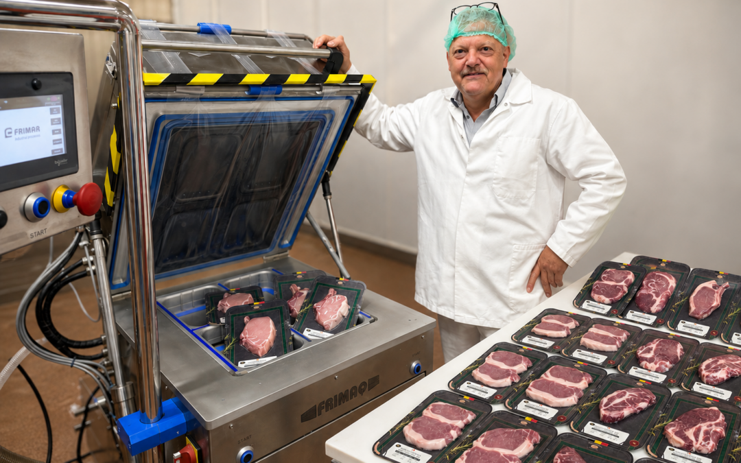Stefaan Defever de Danis Porkmasters à côté de la machine skinpack Frimaq MAXI
